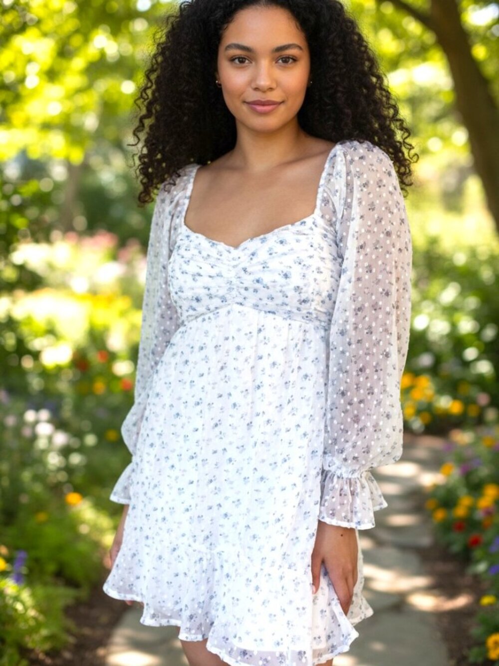 Hollister White Smocked Top with Light Blue Floral